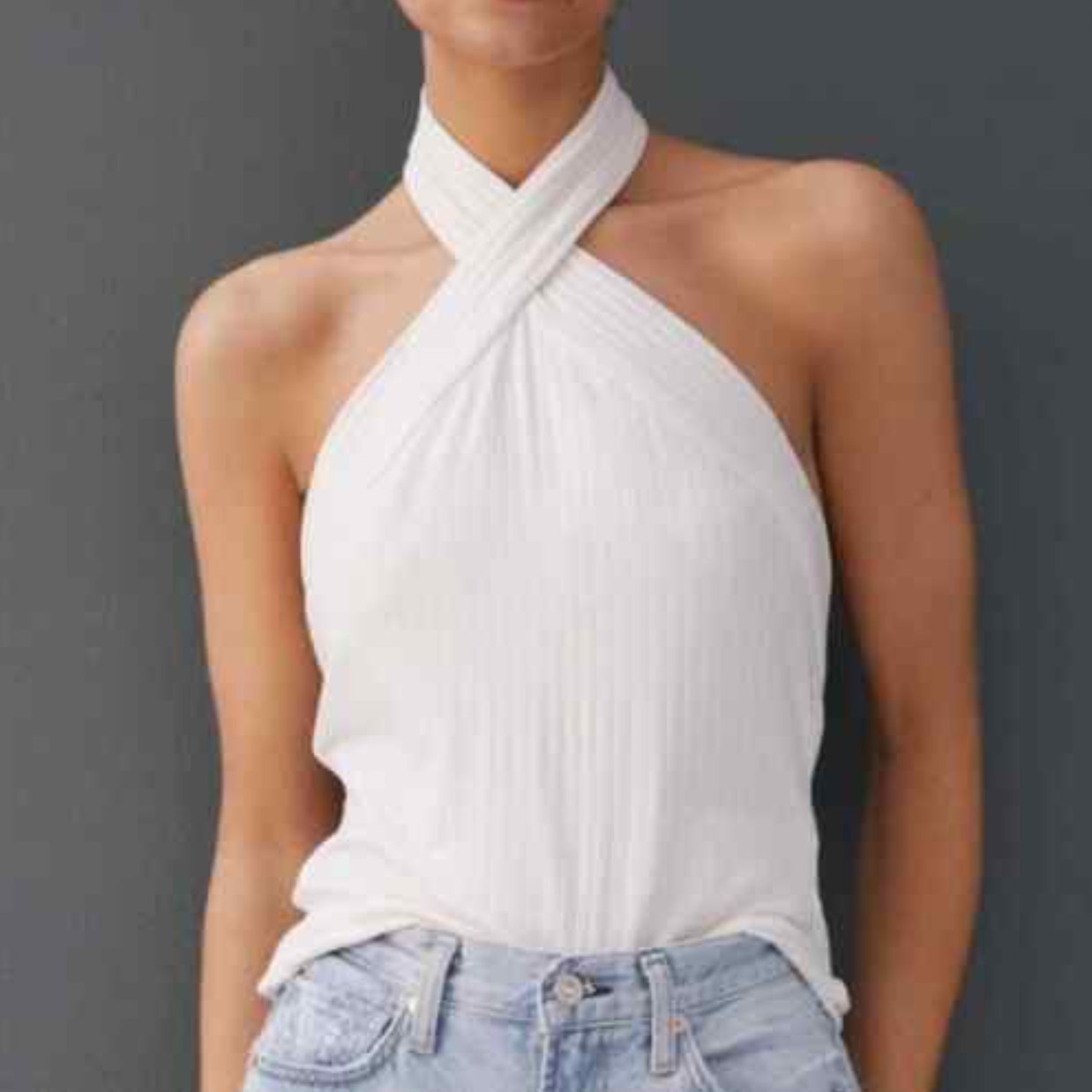Anthropologie Ribbed White Halter Tank Top - New- Medium